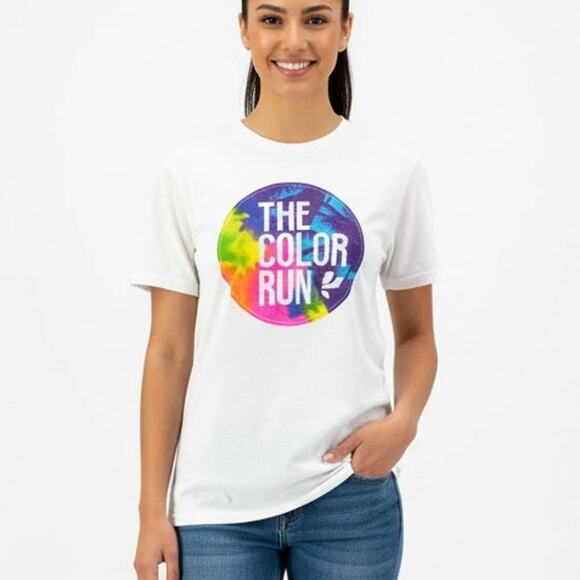 HAPPIEST 5K White The Color Run Short Sleeve Round Neck T-Shirt - Picture 1 of 8